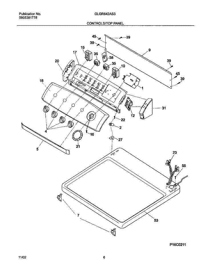 CONTROLS / TOP PANEL Diagram and Parts List for GLGR642AS3  Frigidaire Dryer
