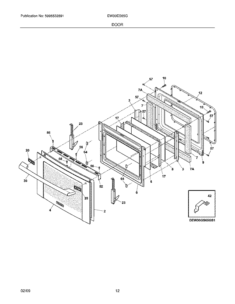 DOOR Diagram and Parts List for EW30ES65GSD  Electrolux Range