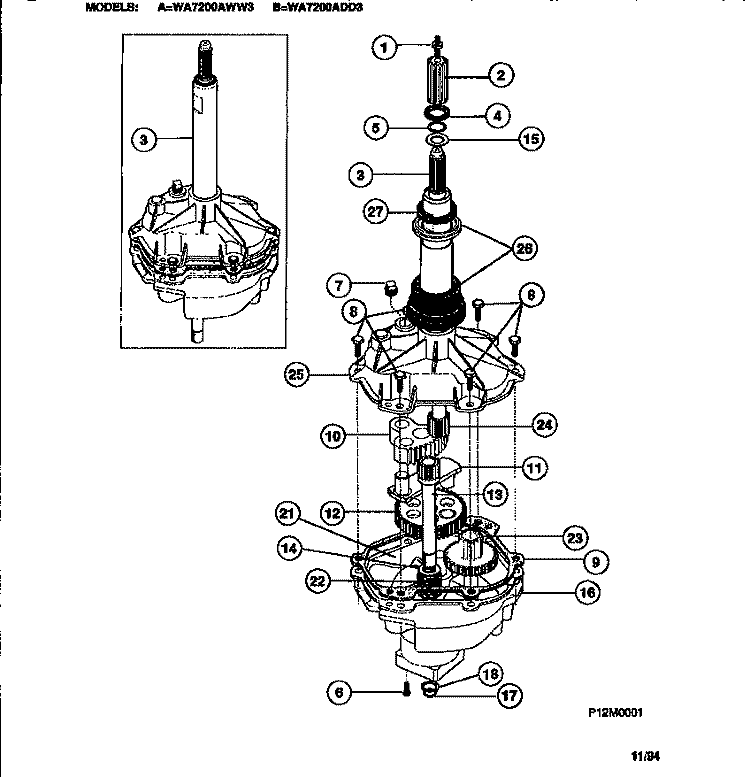 TRANSMISSION Diagram and Parts List for WA7200AWW3  Frigidaire Washer