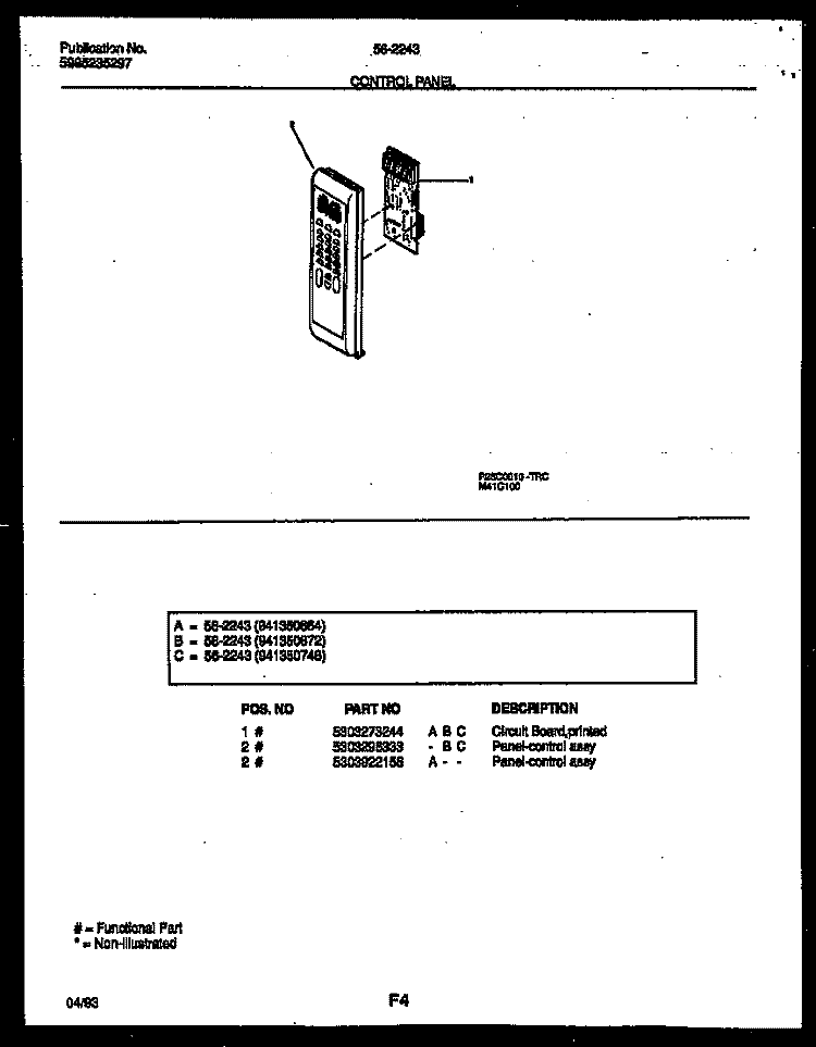 CONTROL PANEL Diagram and Parts List for 56-2243-10-01  Tappan Microwave