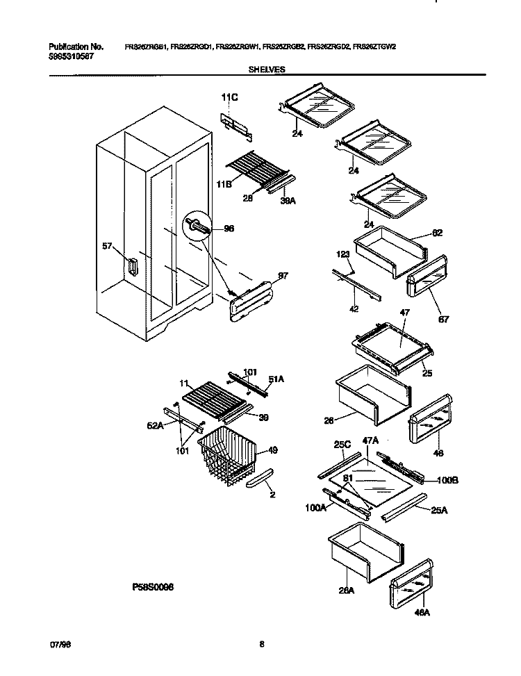 SHELVES Diagram and Parts List for FRS26ZRGW1  Frigidaire Refrigerator