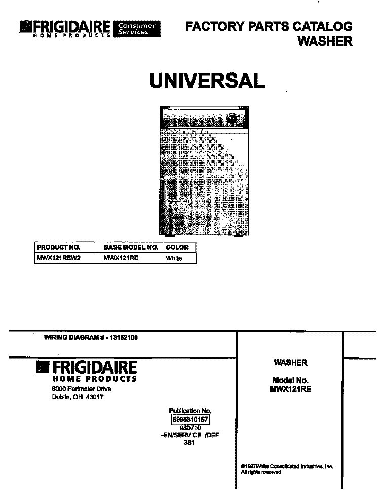 COVER Diagram and Parts List for MWX121REW2  Frigidaire Washer
