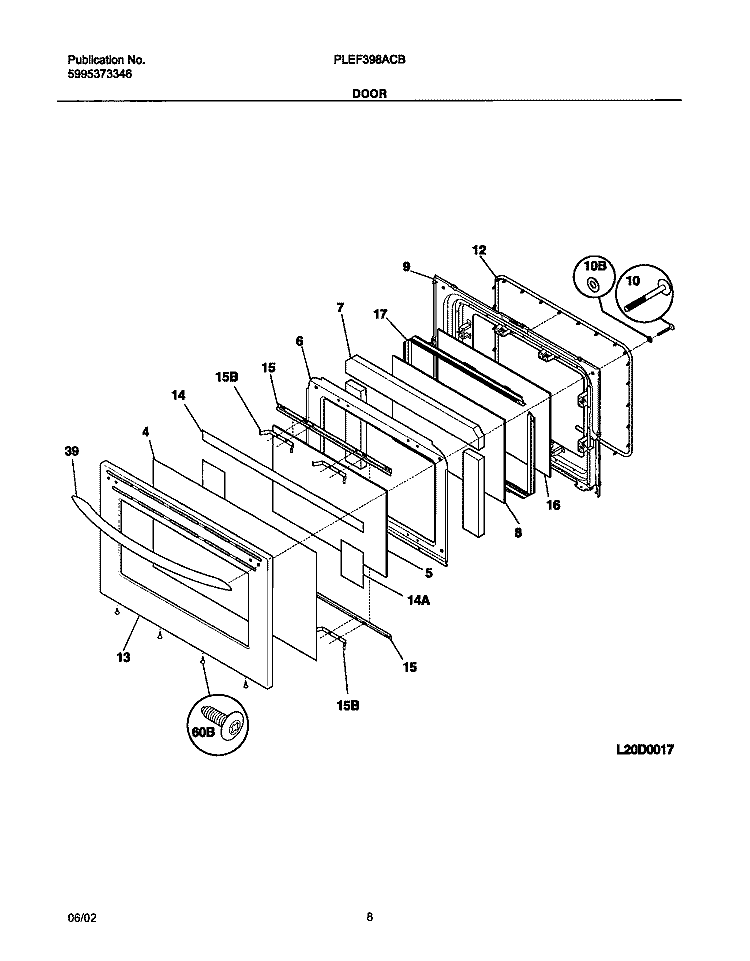 DOOR Diagram and Parts List for PLEF398ACB  Frigidaire Range