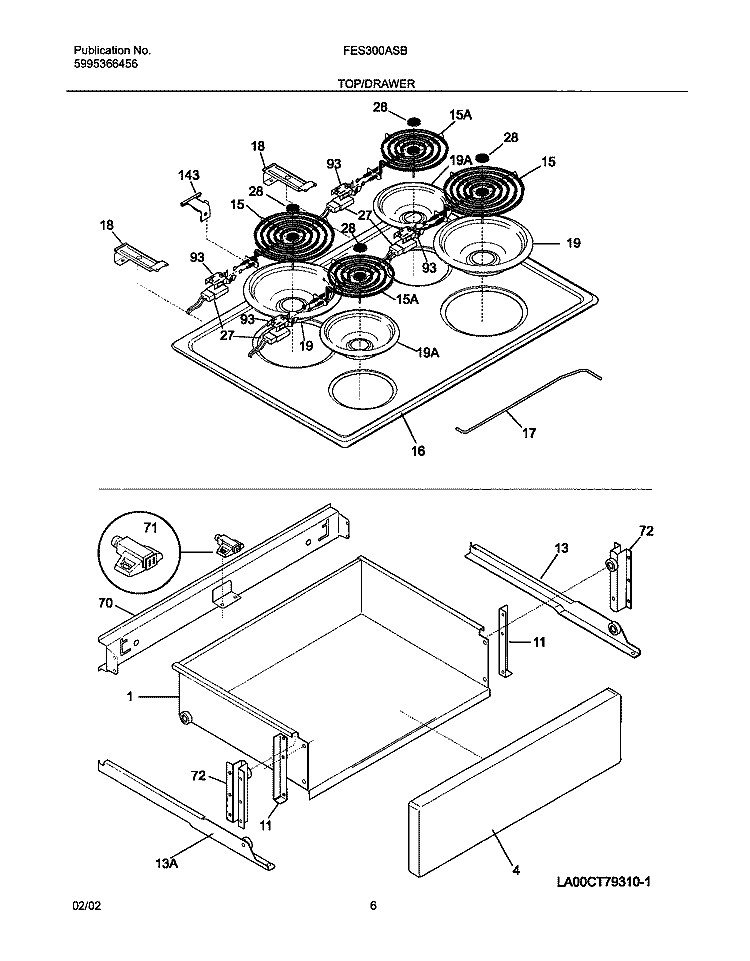 TOP / DRAWER Diagram and Parts List for FES300ASB  Frigidaire Range