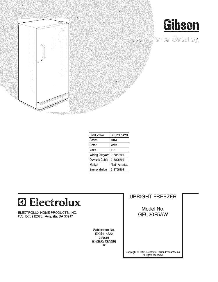 COVER Diagram and Parts List for GFU20F5AW4  Gibson Freezer
