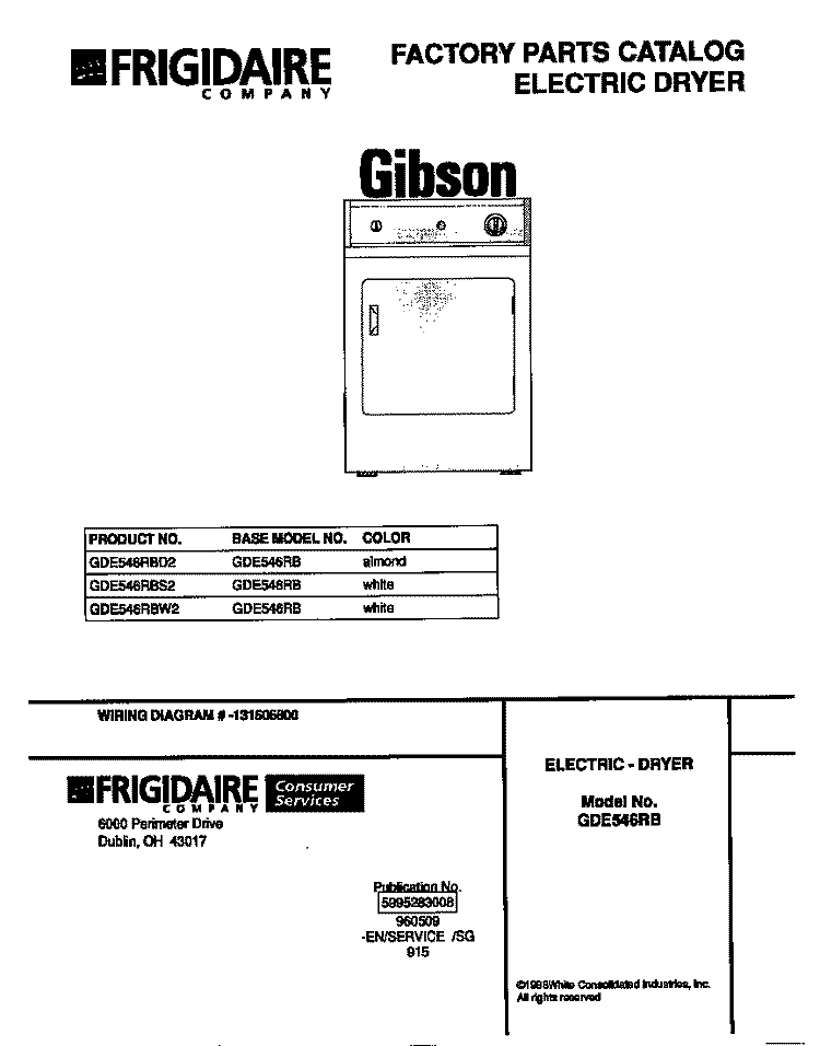 COVER Diagram and Parts List for GDE546RBS2  Gibson Dryer