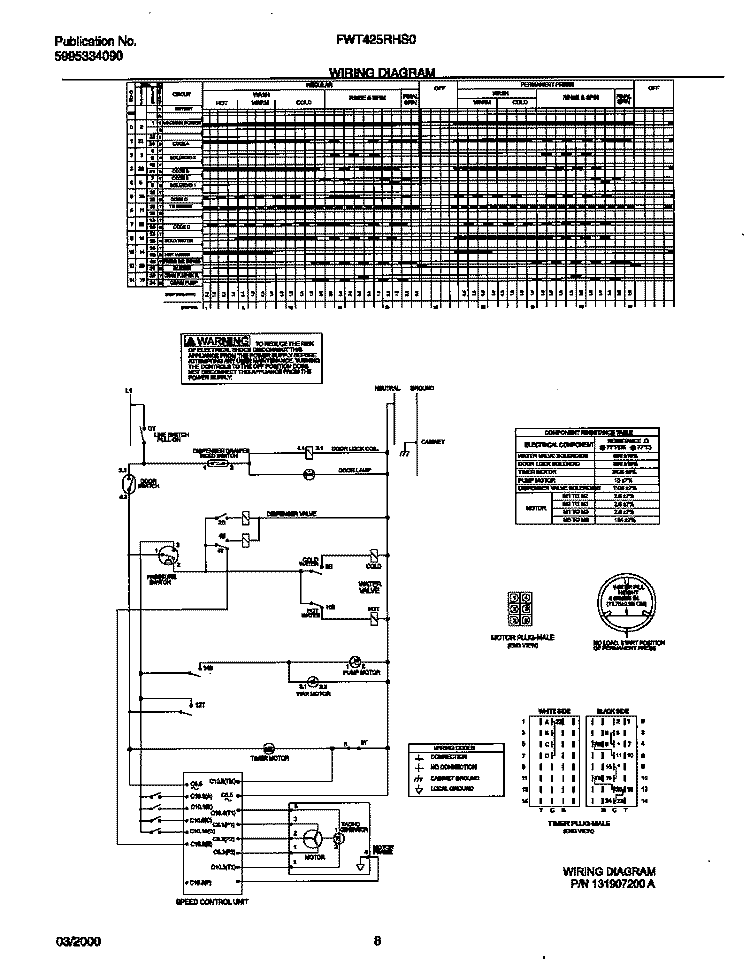 131907200 WIRING DIAGRAM Diagram and Parts List for FWT425RHS0  Frigidaire Washer