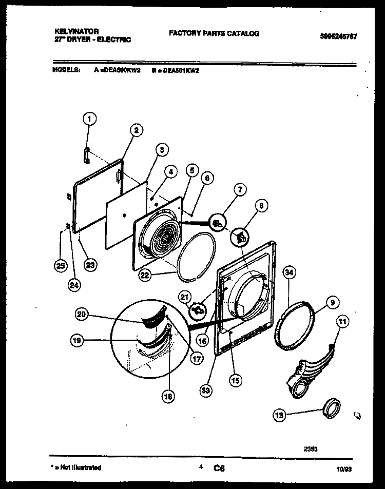 DOOR PARTS Diagram and Parts List for DEA500KW2  Kelvinator Dryer