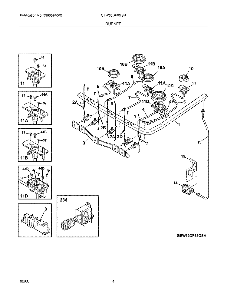 BURNER Diagram and Parts List for CEW30DF6GSB  Electrolux Range