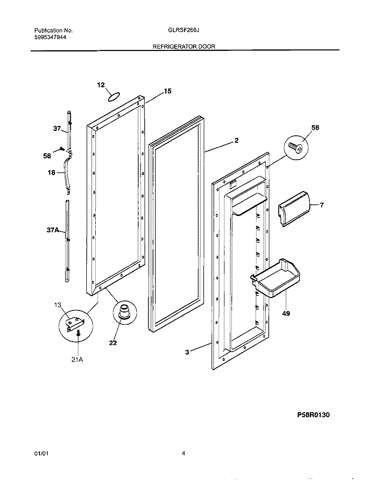 REFRIGERATOR DOOR Diagram and Parts List for GLRSF266JW2  Frigidaire Refrigerator