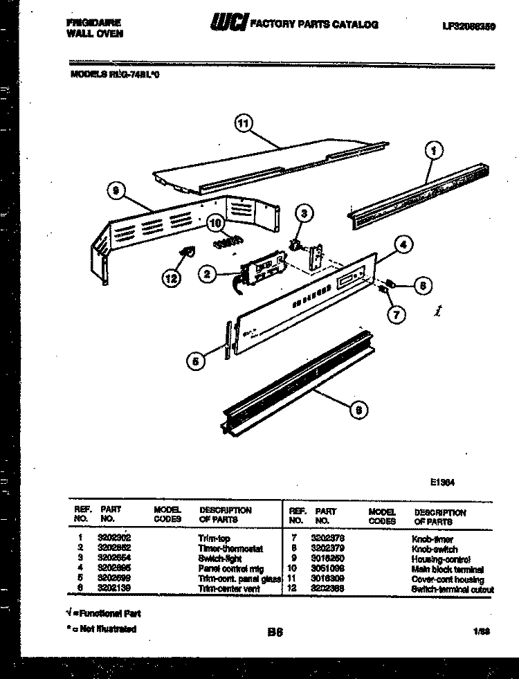 CONTROL PANEL Diagram and Parts List for REG74BLB0  Frigidaire Wall Oven
