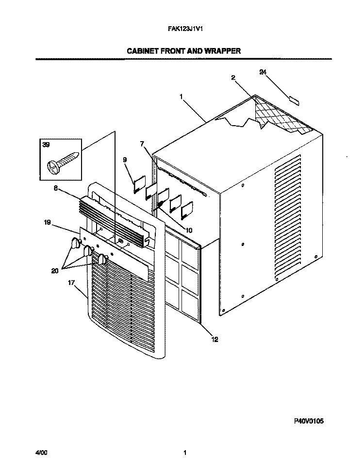 CABINET FRONT AND WRAPPER Diagram and Parts List for FAK123J1V1  Frigidaire Air Conditioner