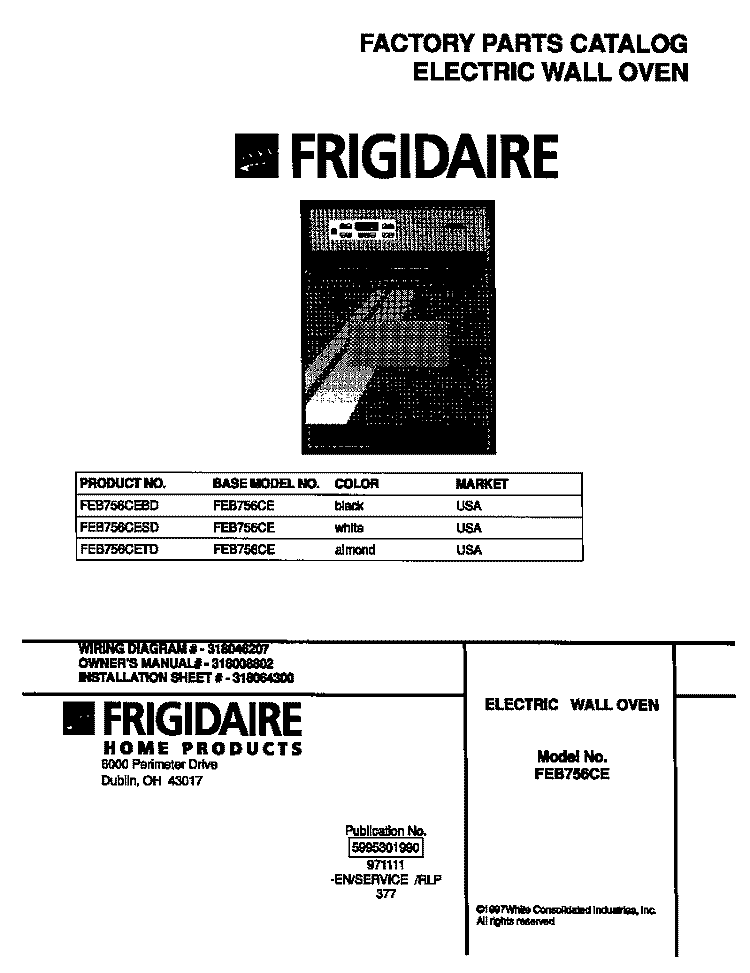 COVER Diagram and Parts List for FEB756CETD  Frigidaire Wall Oven