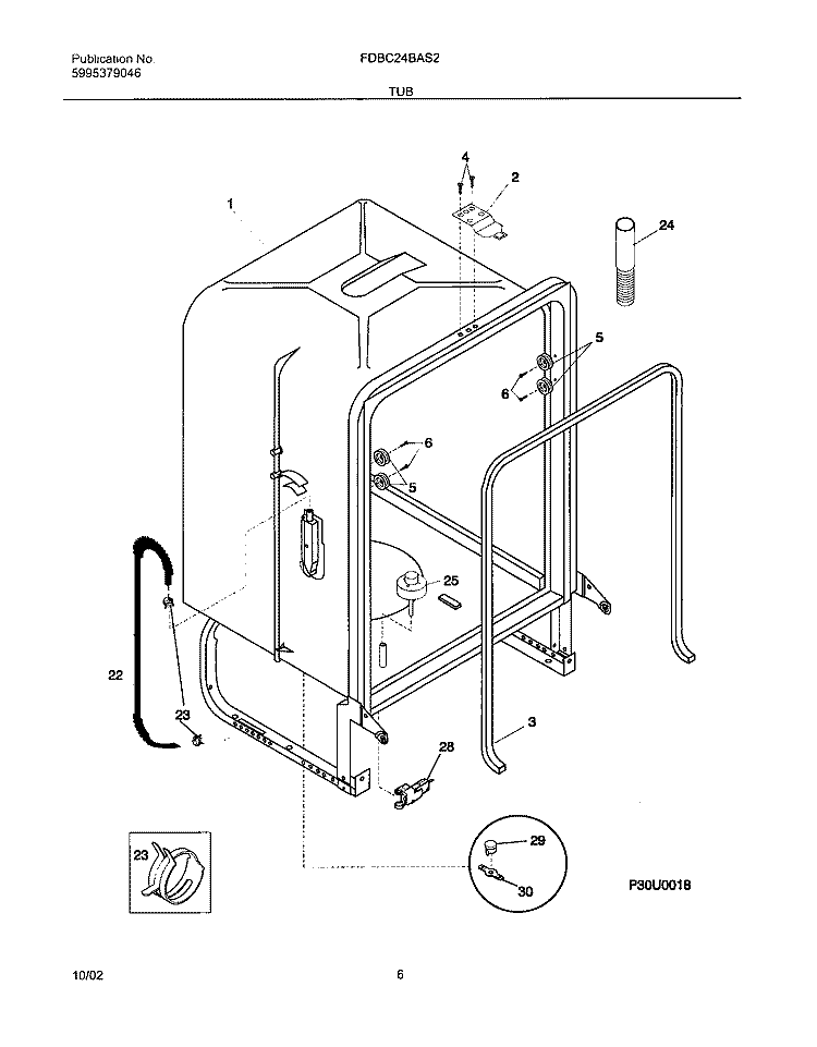 TUB Diagram and Parts List for FDBC24BAS2  Frigidaire Dishwasher