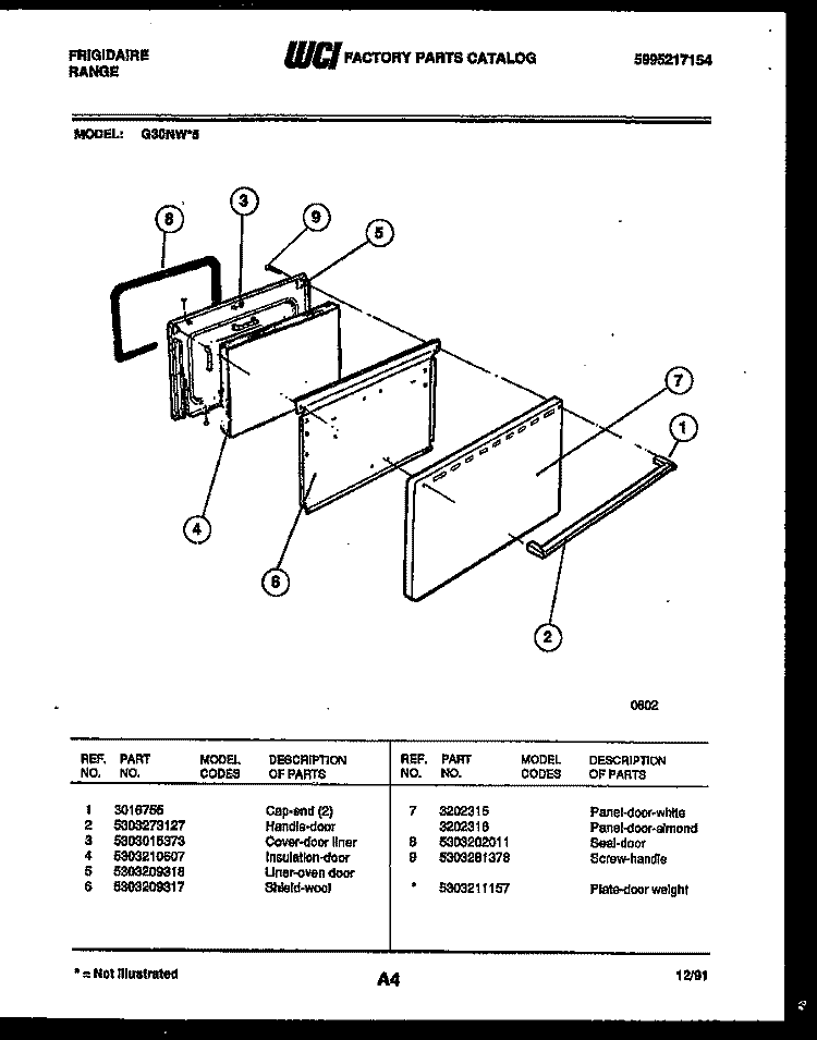 DOOR PARTS Diagram and Parts List for G30NW5  Frigidaire Range