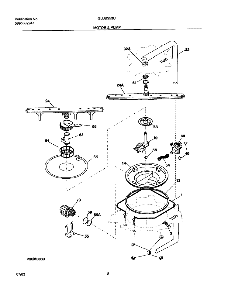 MOTOR & PUMP Diagram and Parts List for GLDB953CS0  Frigidaire Dishwasher
