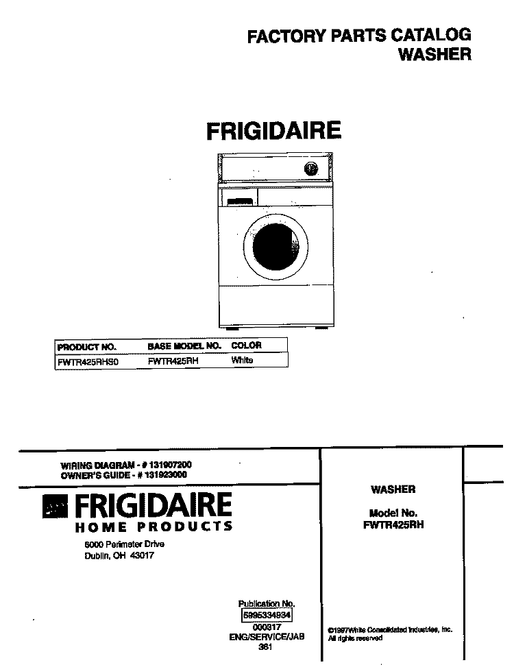 COVER Diagram and Parts List for FWTR425RHS0  Frigidaire Washer