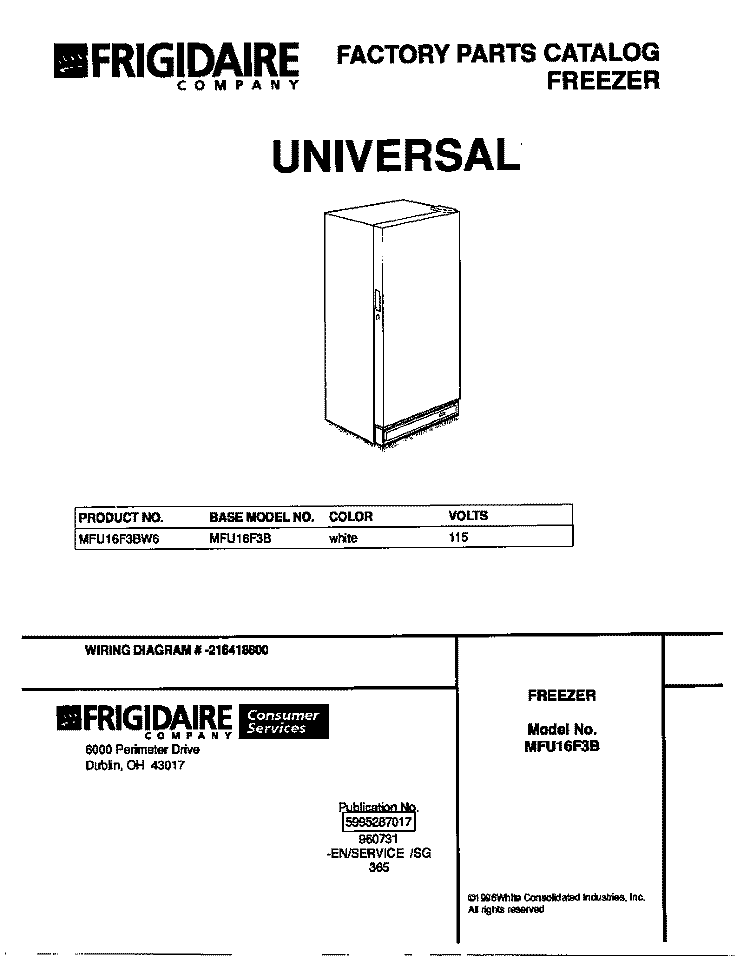 COVER Diagram and Parts List for MFU16F3BW6  Frigidaire Freezer