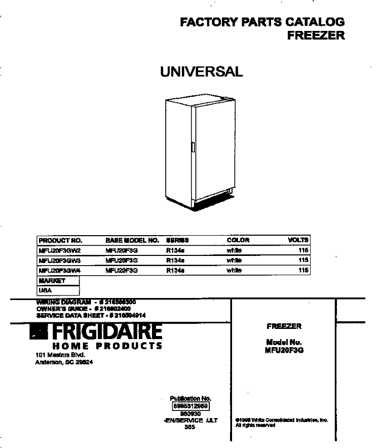 COVER Diagram and Parts List for MFU20F3GW2  Frigidaire Freezer