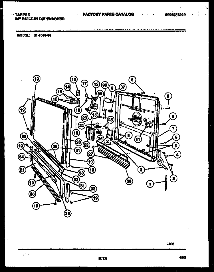 DOOR PARTS Diagram and Parts List for 61-1043-10-00  Tappan Dishwasher