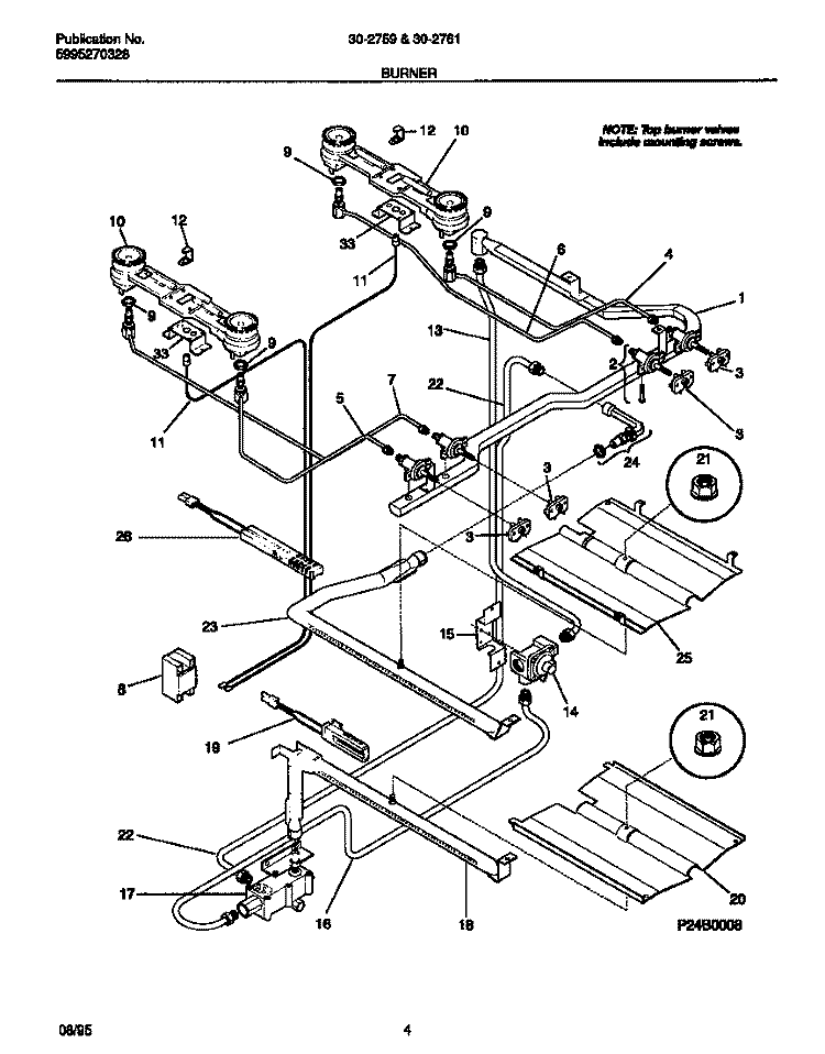 BURNER Diagram and Parts List for 30-2759-00-10  Tappan Range