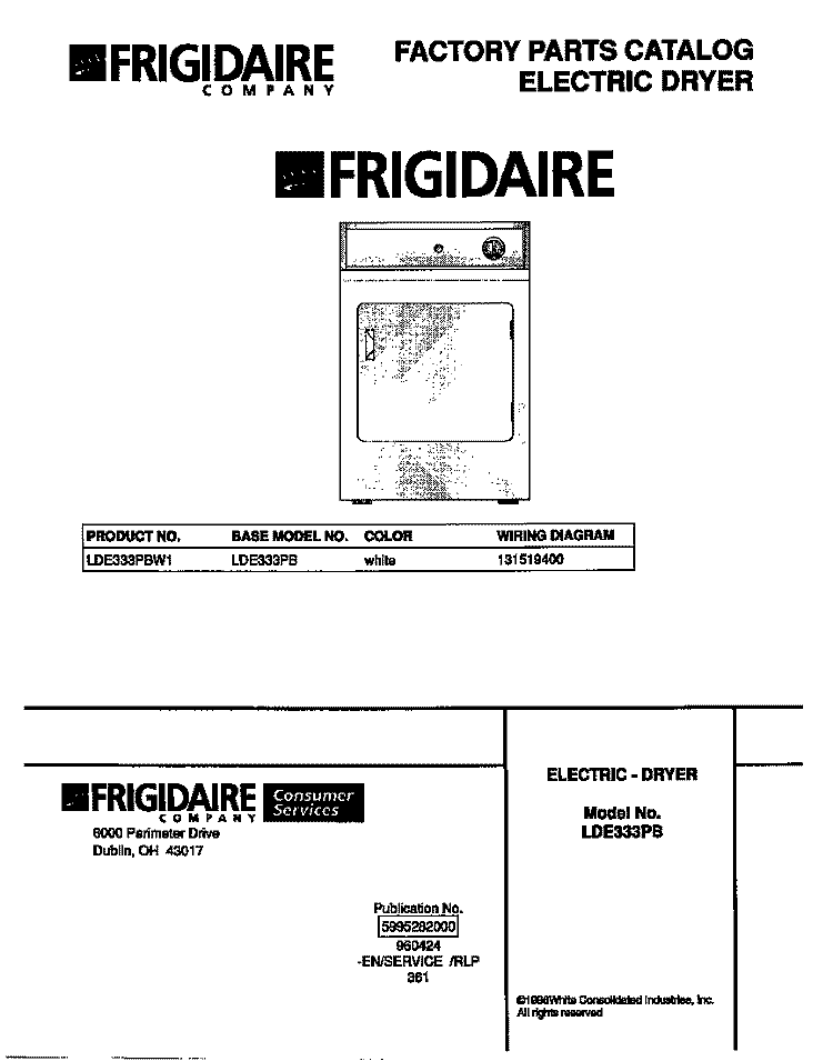 COVER Diagram and Parts List for LDE333PBW1  Frigidaire Dryer