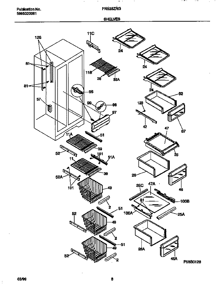 SHELVES Diagram and Parts List for FRS28ZRGD2  Frigidaire Refrigerator
