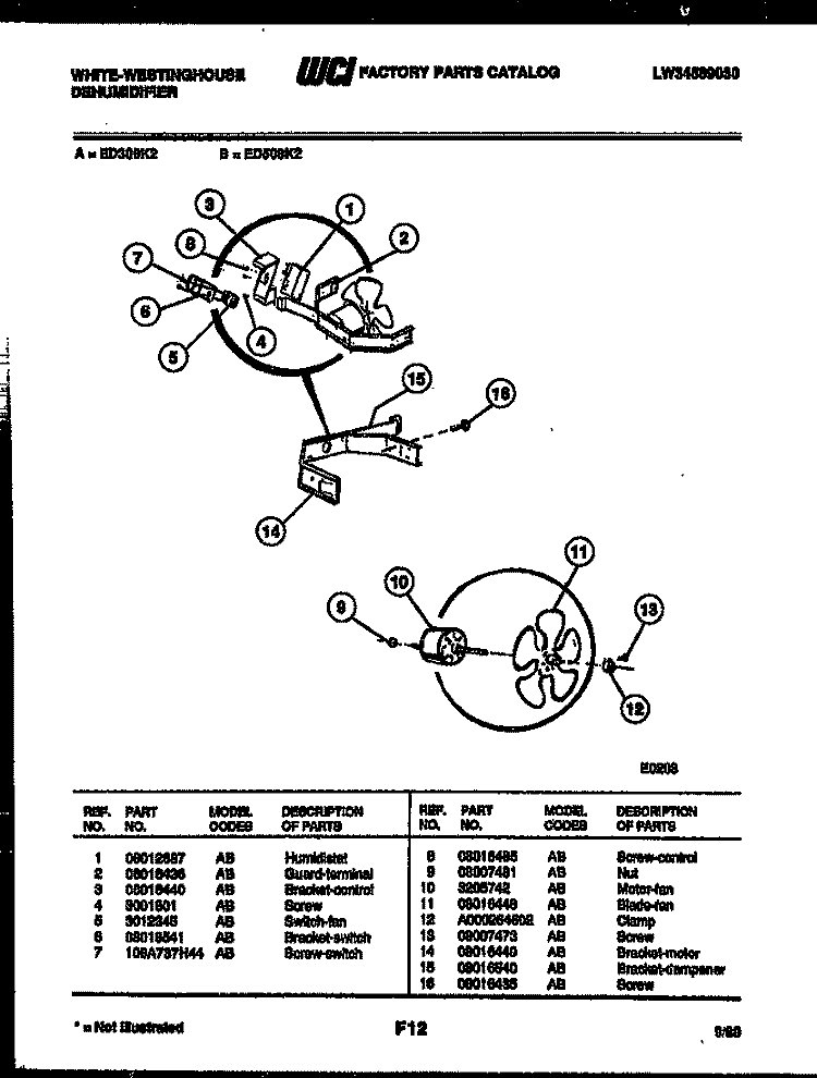 AIR CONTROL PARTS Diagram and Parts List for ED508K2  Frigidaire Dehumidifier