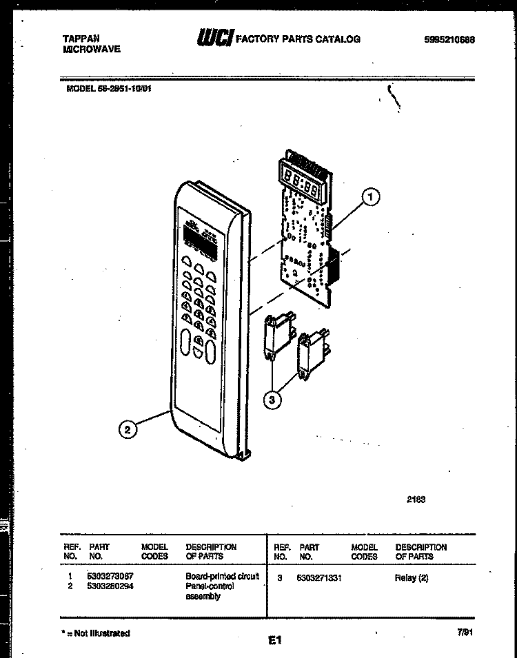 CONTROL PANEL Diagram and Parts List for 56-2851-10-01  Tappan Microwave