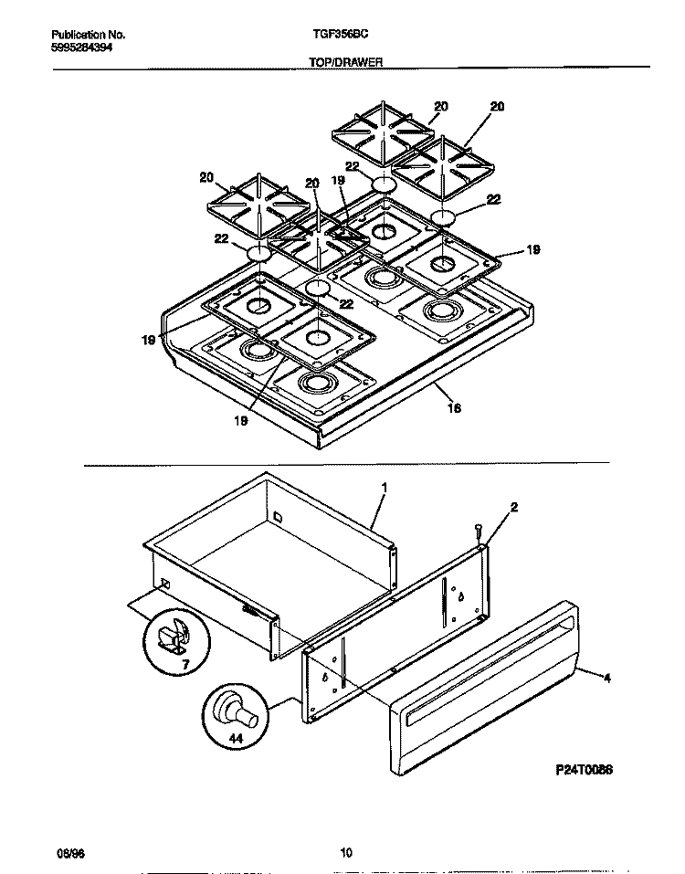 TOP / DRAWER Diagram and Parts List for TGF356BCWD  Tappan Range
