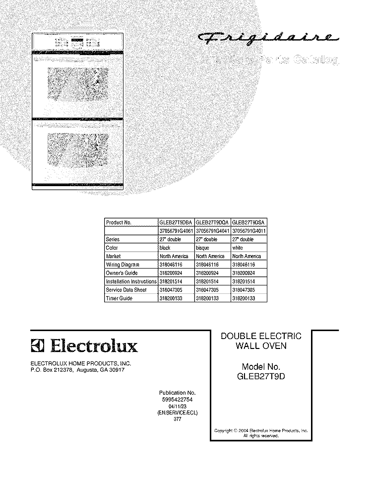 COVER Diagram and Parts List for GLEB27T9DSA  Frigidaire Wall Oven
