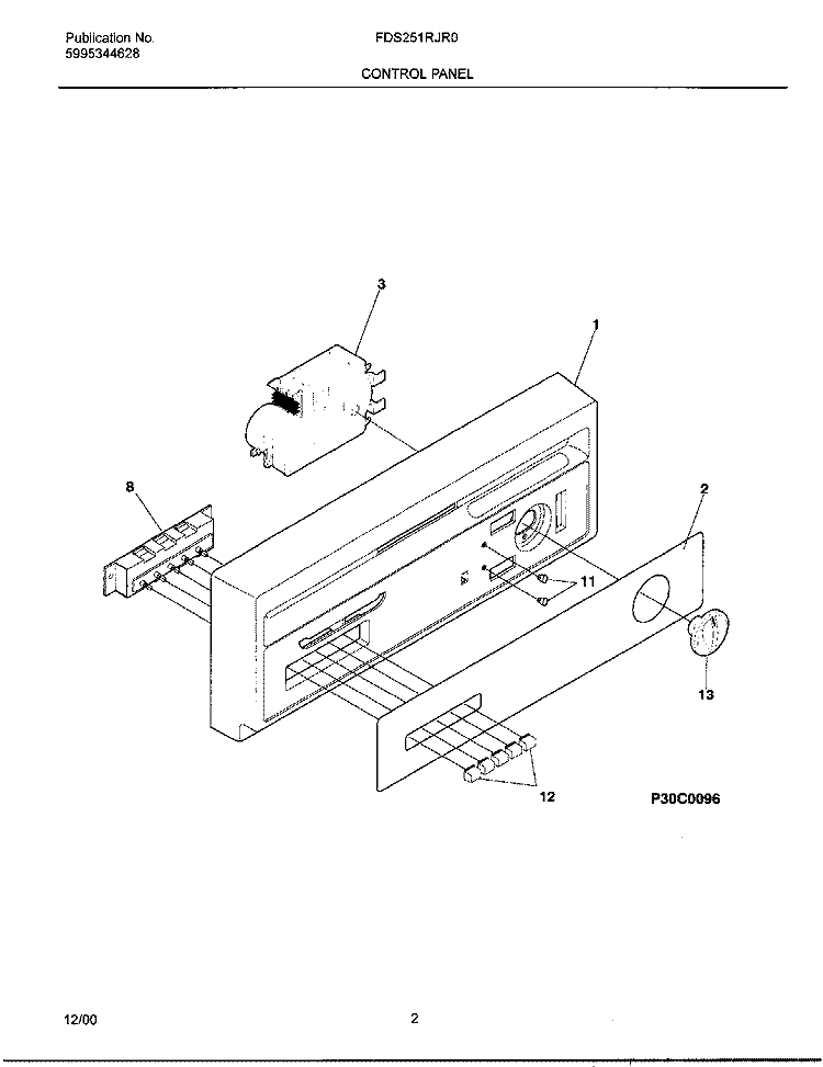CONTROL PANEL Diagram and Parts List for FDS251RJR0  Frigidaire Dishwasher