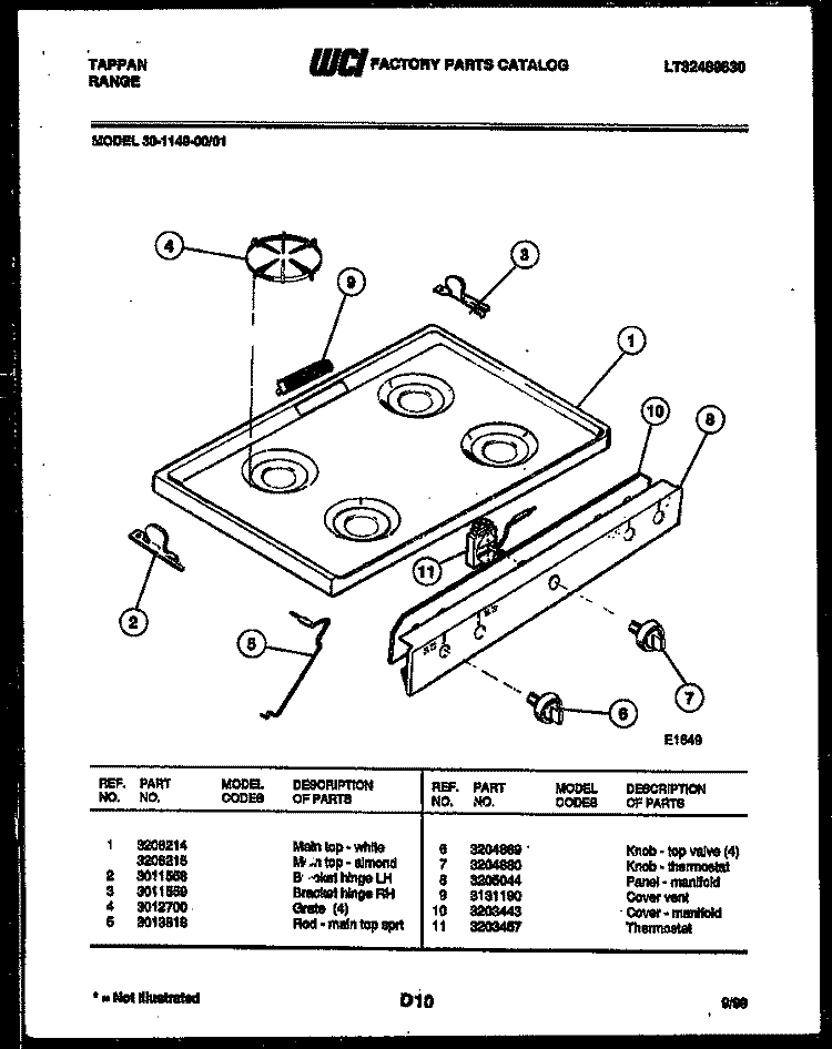 COOKTOP PARTS Diagram and Parts List for 30-1049-00-01  Tappan Range
