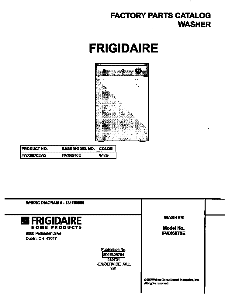 COVER Diagram and Parts List for FWX6970EW2  Frigidaire Washer