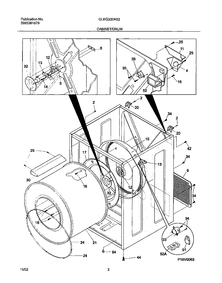 CABINET / DRUM Diagram and Parts List for GLEQ332AS2  Frigidaire Dryer
