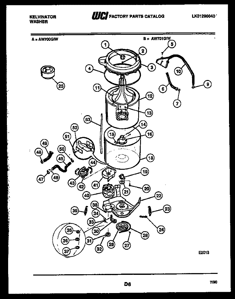 TUB DETAIL Diagram and Parts List for AW700G1D  Kelvinator Washer