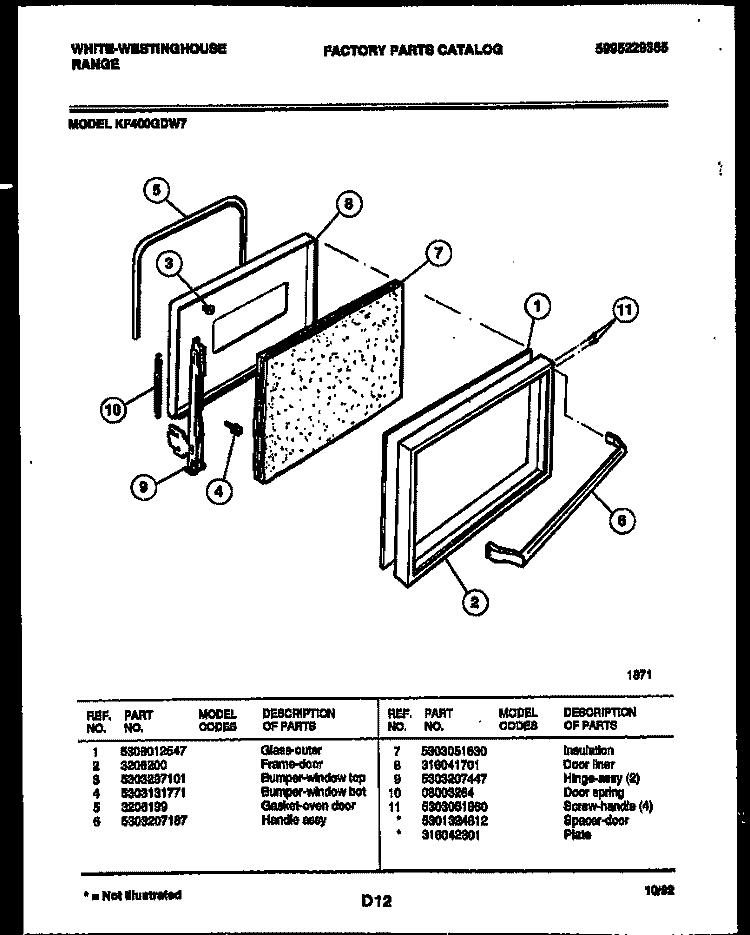 DOOR PARTS Diagram and Parts List for KF400GDD7  Frigidaire Range