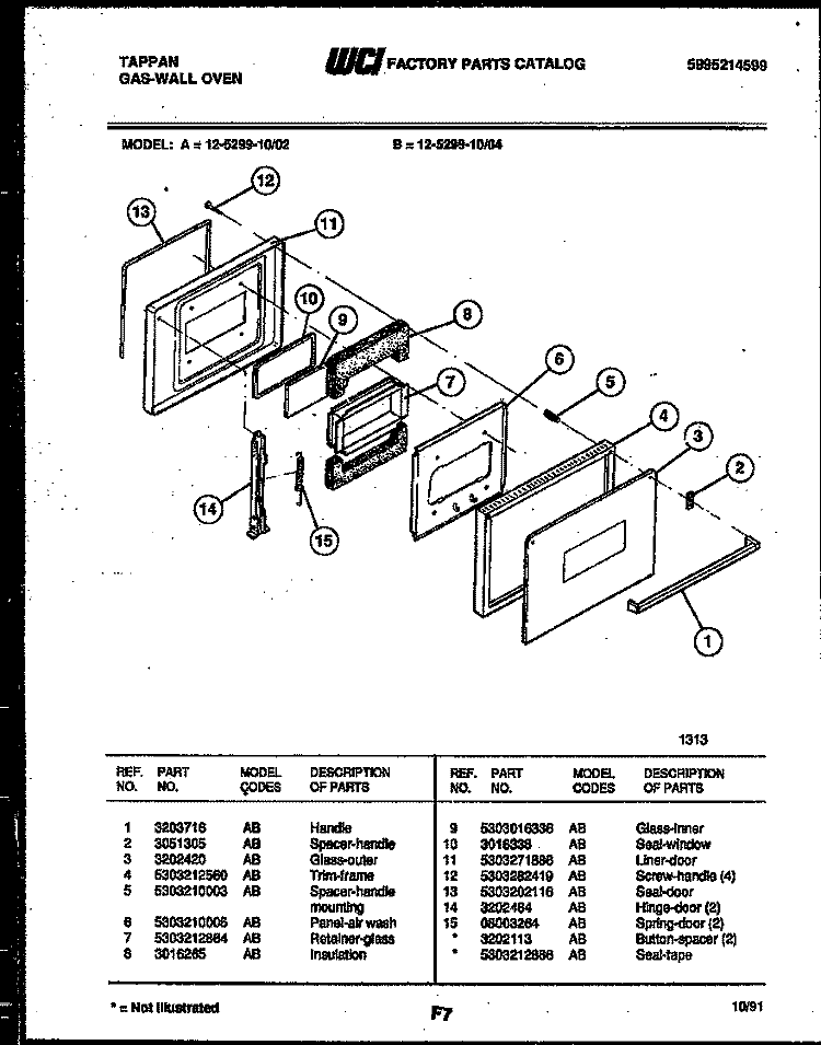 DOOR PARTS Diagram and Parts List for 12-5299-00-02  Tappan Wall Oven