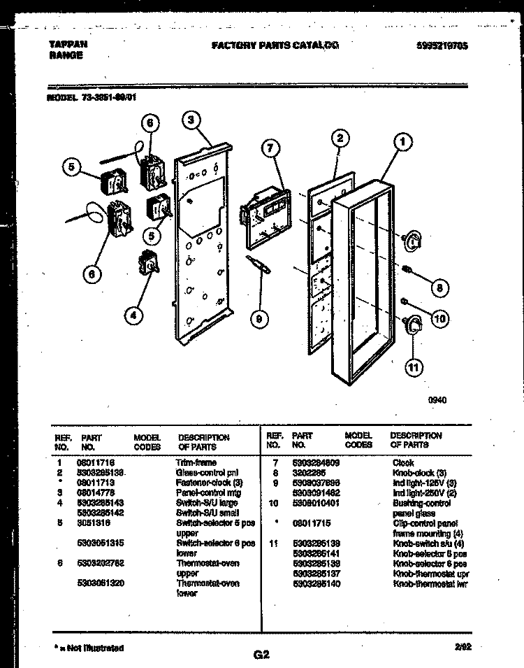 CONTROL PANEL Diagram and Parts List for 73-3951-23-01  Tappan Range