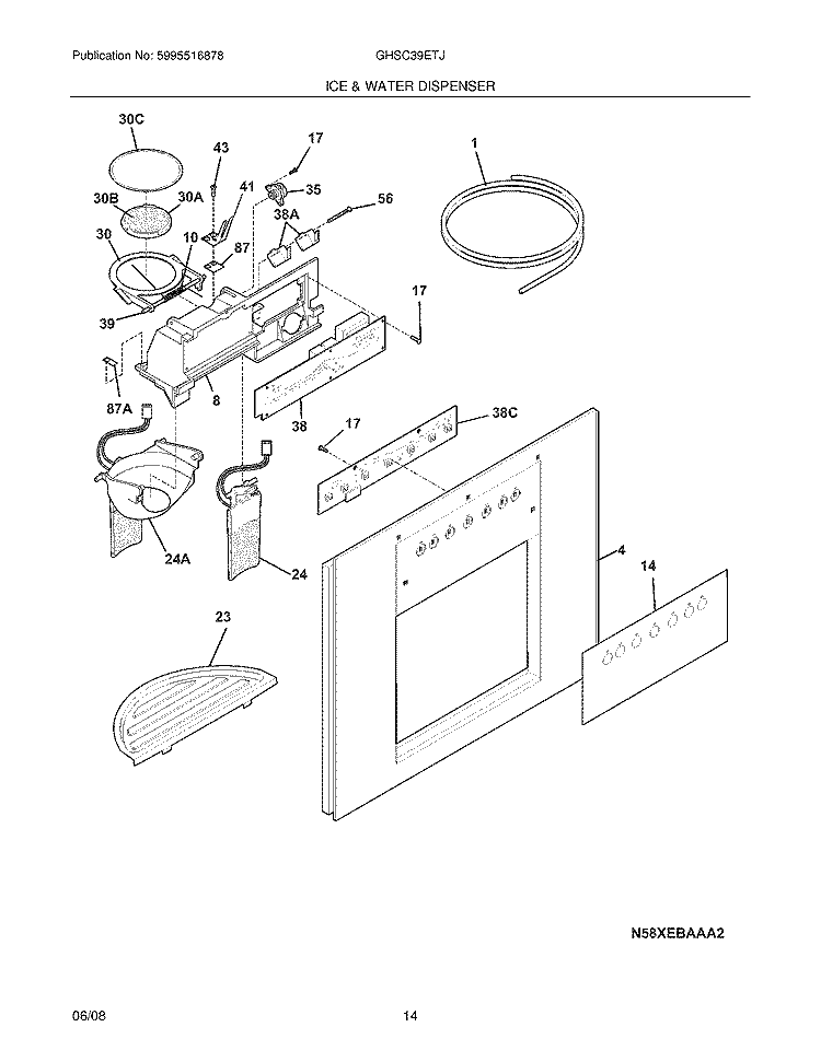 ICE & WATER DISPENSER Diagram and Parts List for GHSC39ETJS1  Frigidaire Refrigerator