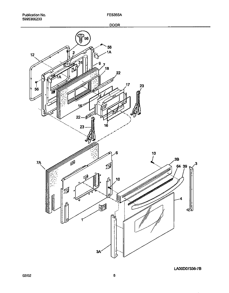 DOOR Diagram and Parts List for FES355ASC  Frigidaire Range