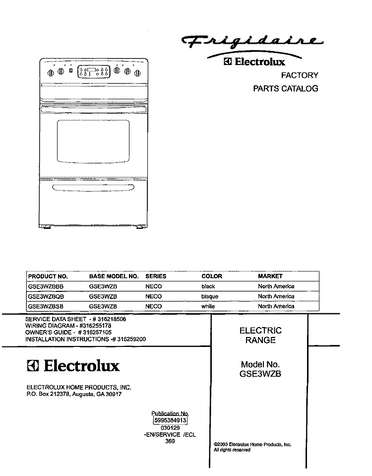 COVER Diagram and Parts List for GSE3WZBQB  Frigidaire Range