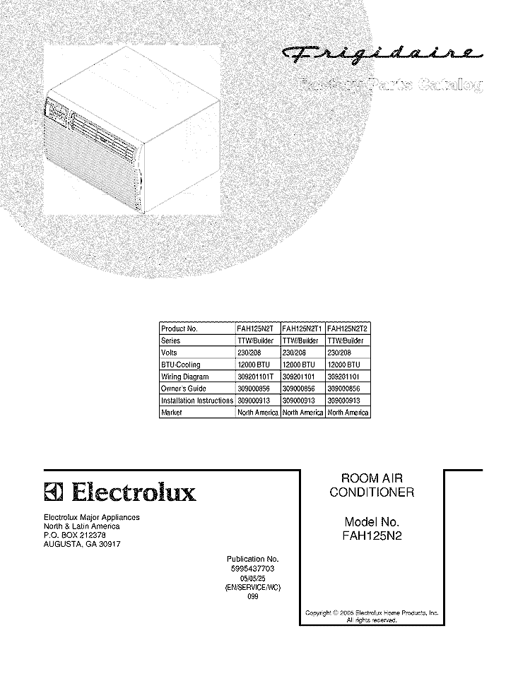 COVER Diagram and Parts List for FAH125N2T2  Frigidaire Air Conditioner