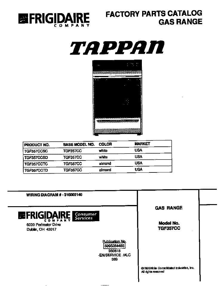 COVER Diagram and Parts List for TGF357CCTD  Tappan Range