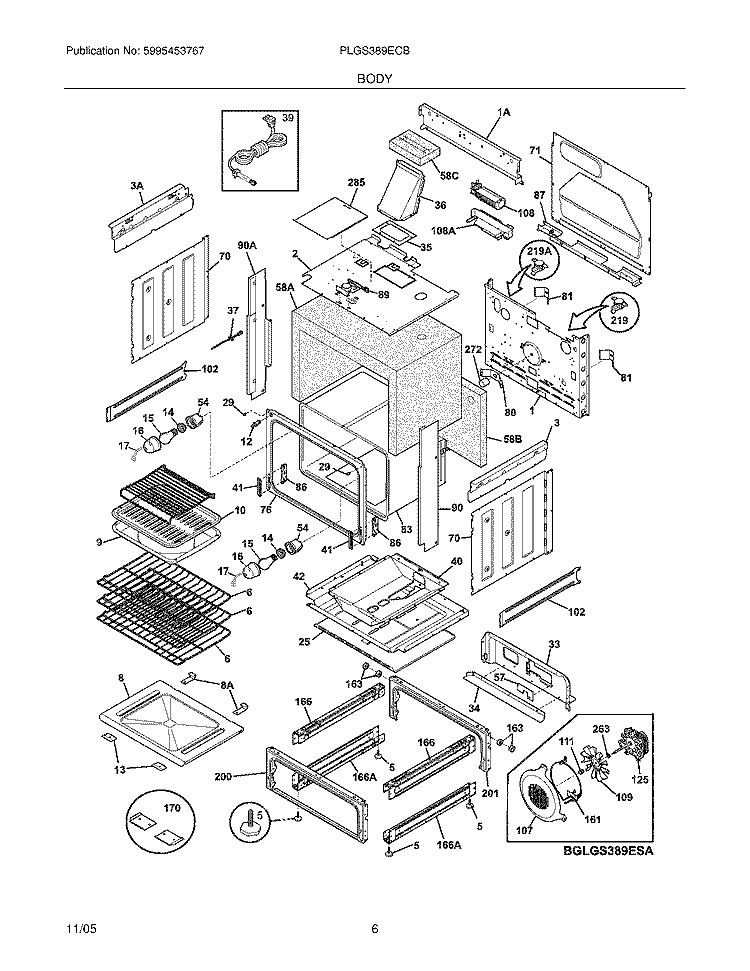 BODY Diagram and Parts List for PLGS389ECB  Frigidaire Range