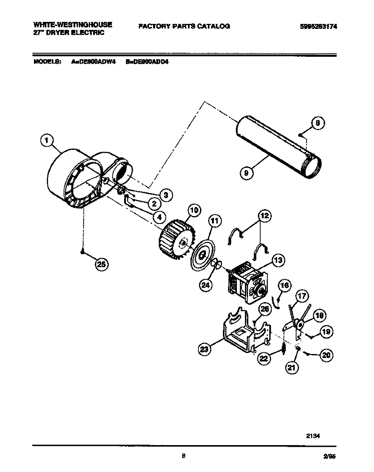 MOTOR, FAN HOUSING, EXHAUST DUCT Diagram and Parts List for DE800ADD4  Frigidaire Dryer