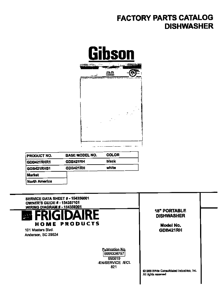 COVER Diagram and Parts List for GDB421RHR1  Gibson Dishwasher