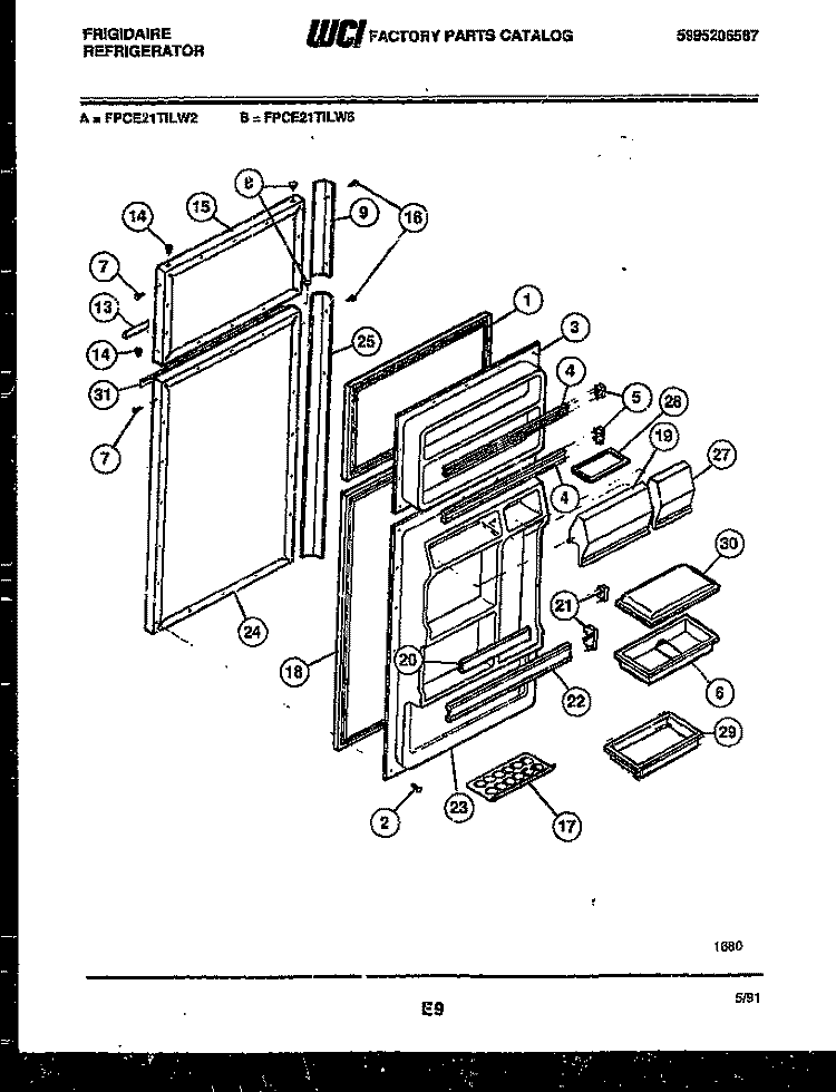 DOOR PARTS Diagram and Parts List for FPCE21TILW2  Frigidaire Refrigerator