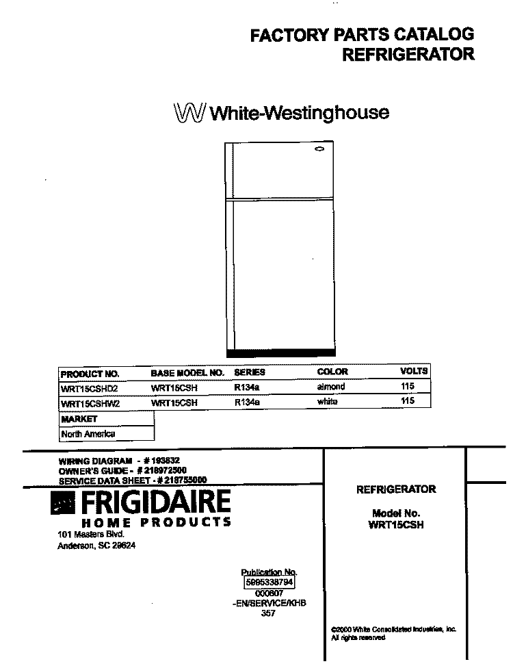 COVER Diagram and Parts List for WRT15CSHW2  Frigidaire Refrigerator