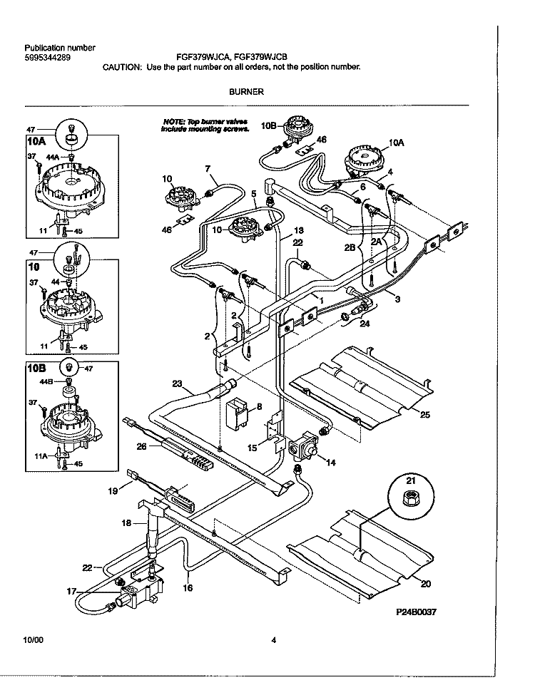 BURNER Diagram and Parts List for FGF379WJCA  Frigidaire Range